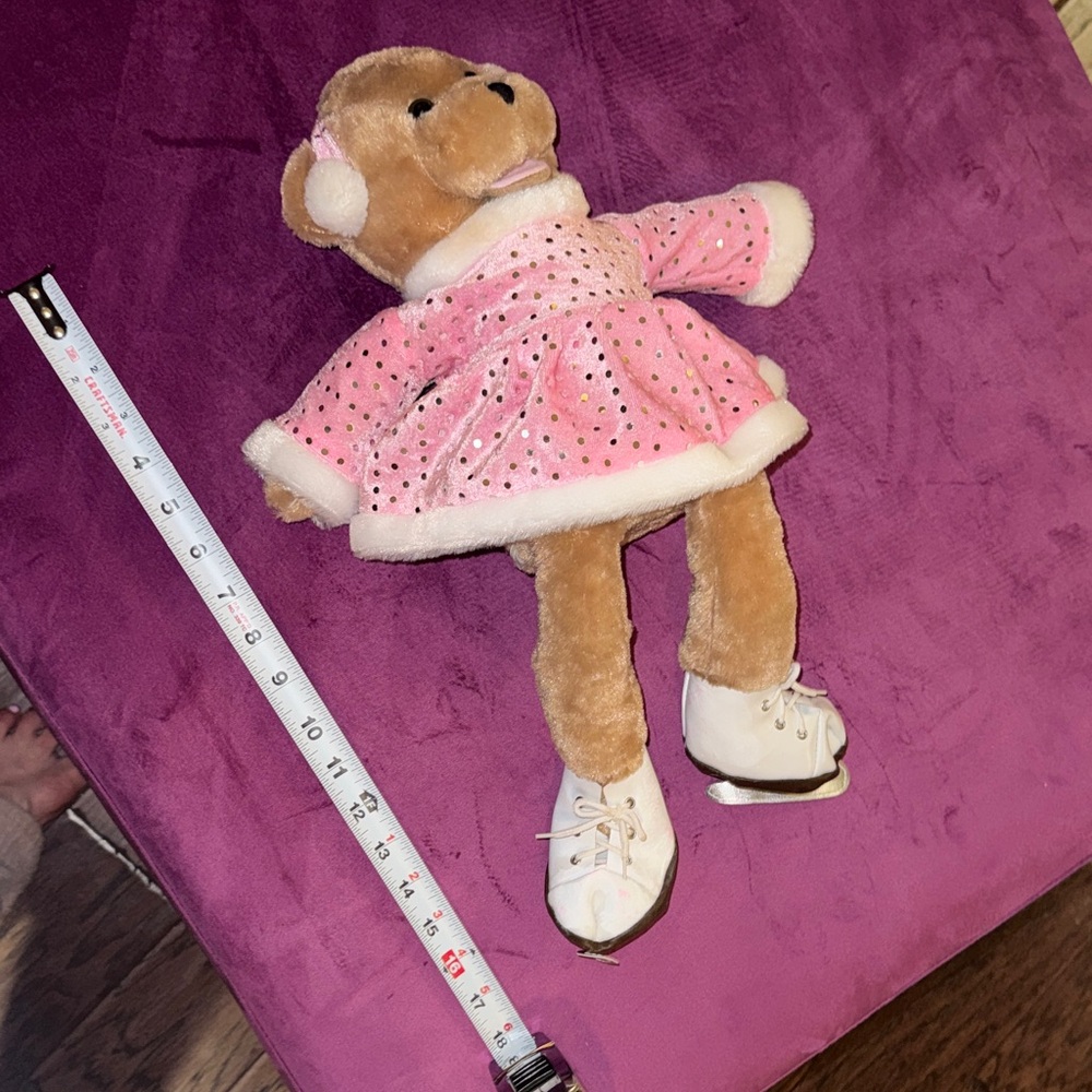 Kids Brown Teddy Bear Pink Dress Silver Polka Dots White Fur Trim in Ice Skates - Picture 8 of 10